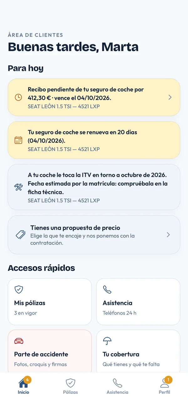 Inicio: avisos, propuesta de precio y accesos rápidos